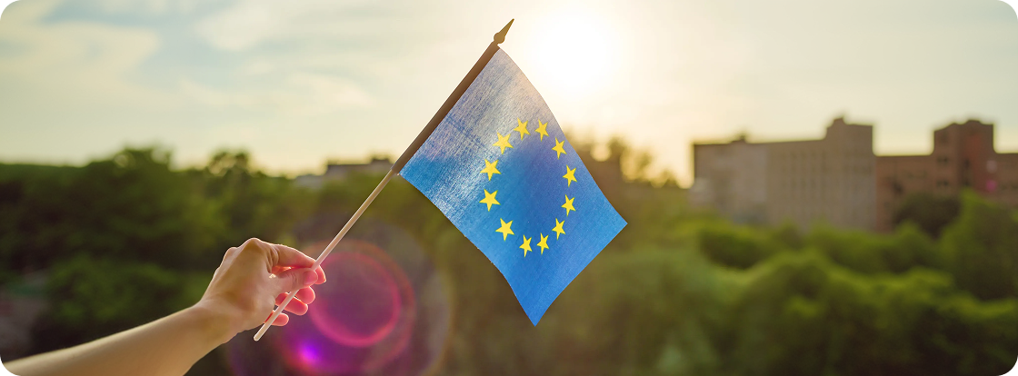 European Union flag with sunlit background