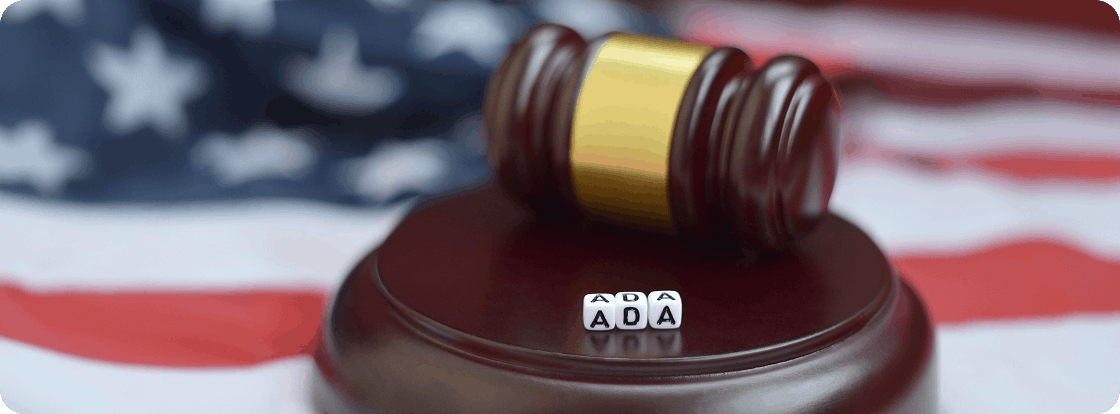 Gavel with ADA letters and U.S. flag.