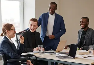 Team meeting with colleagues collaborating in an office.
